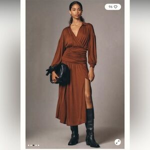 Maeve Long-Sleeve V-Neck Ruched Midi Dress